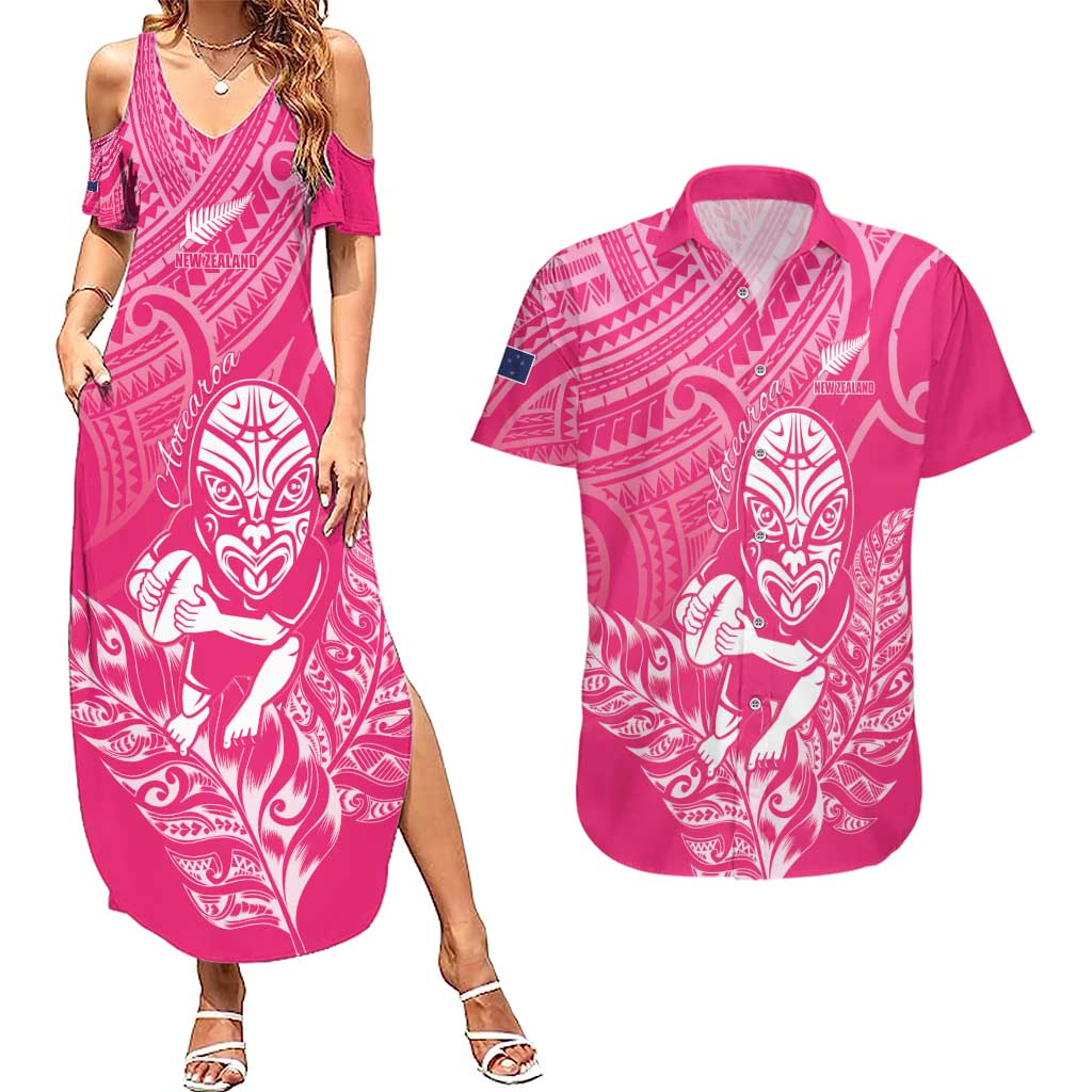 New Zealand Silver Fern Rugby Custom Couples Matching Summer Maxi Dress and Hawaiian Shirt Maori Tiki Pink Version