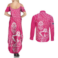 New Zealand Silver Fern Rugby Custom Couples Matching Summer Maxi Dress and Long Sleeve Button Shirt Maori Tiki Pink Version