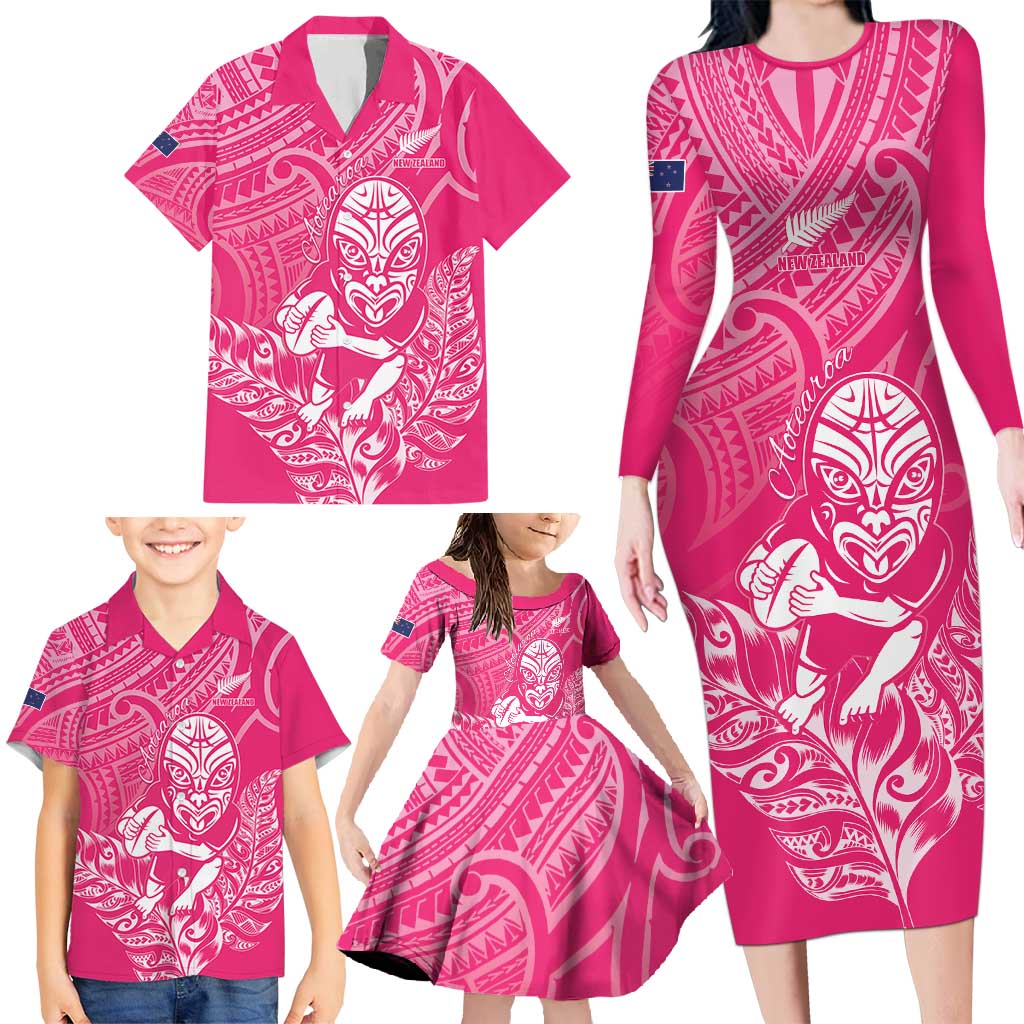 New Zealand Silver Fern Rugby Custom Family Matching Long Sleeve Bodycon Dress and Hawaiian Shirt Maori Tiki Pink Version LT15 - Polynesian Pride