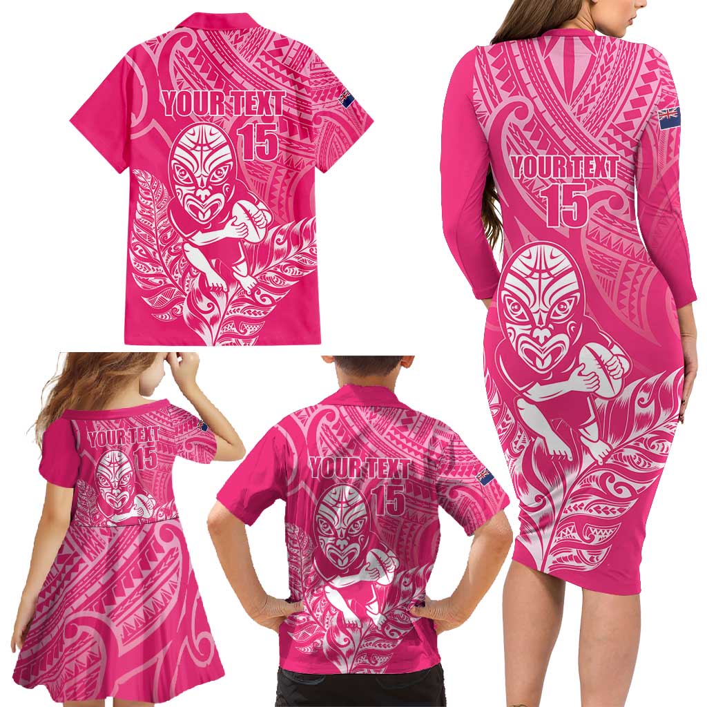New Zealand Silver Fern Rugby Custom Family Matching Long Sleeve Bodycon Dress and Hawaiian Shirt Maori Tiki Pink Version LT15 - Polynesian Pride