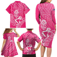 New Zealand Silver Fern Rugby Custom Family Matching Long Sleeve Bodycon Dress and Hawaiian Shirt Maori Tiki Pink Version LT15 - Polynesian Pride