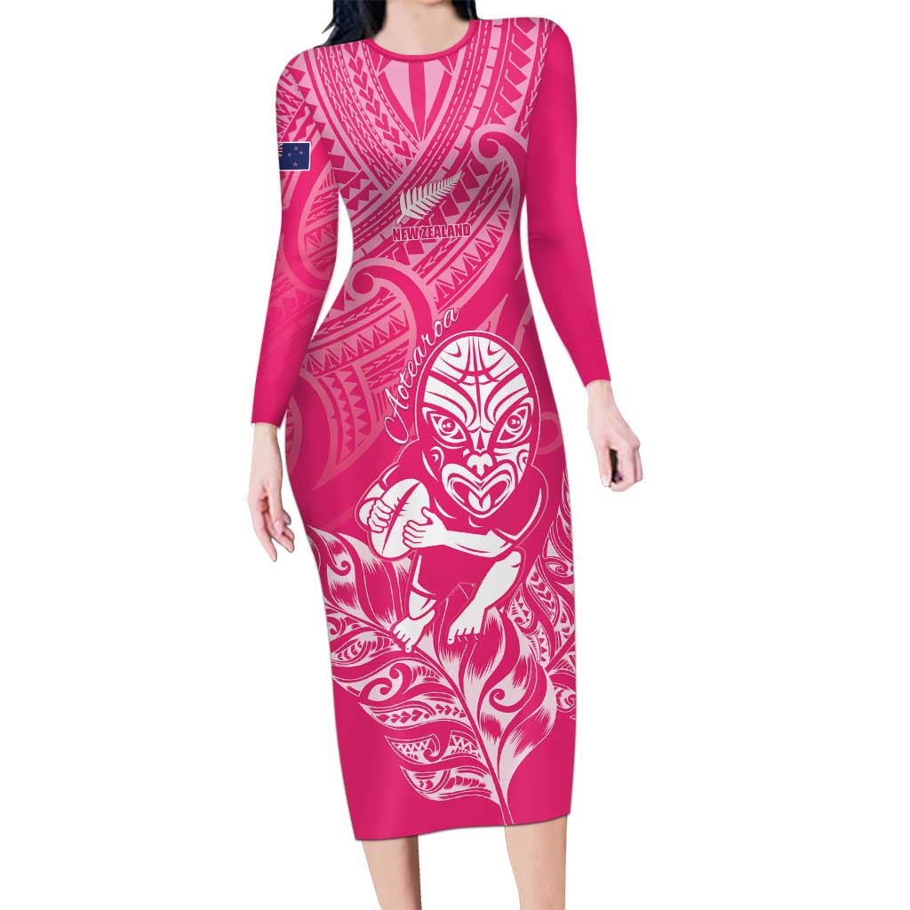 New Zealand Silver Fern Rugby Custom Family Matching Long Sleeve Bodycon Dress and Hawaiian Shirt Maori Tiki Pink Version LT15 Mom's Dress Pink - Polynesian Pride