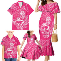 New Zealand Silver Fern Rugby Custom Family Matching Mermaid Dress and Hawaiian Shirt Maori Tiki Pink Version LT15 - Polynesian Pride