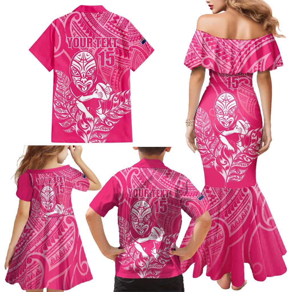 New Zealand Silver Fern Rugby Custom Family Matching Mermaid Dress and Hawaiian Shirt Maori Tiki Pink Version LT15 - Polynesian Pride