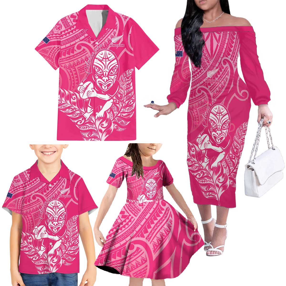 New Zealand Silver Fern Rugby Custom Family Matching Off The Shoulder Long Sleeve Dress and Hawaiian Shirt Maori Tiki Pink Version
