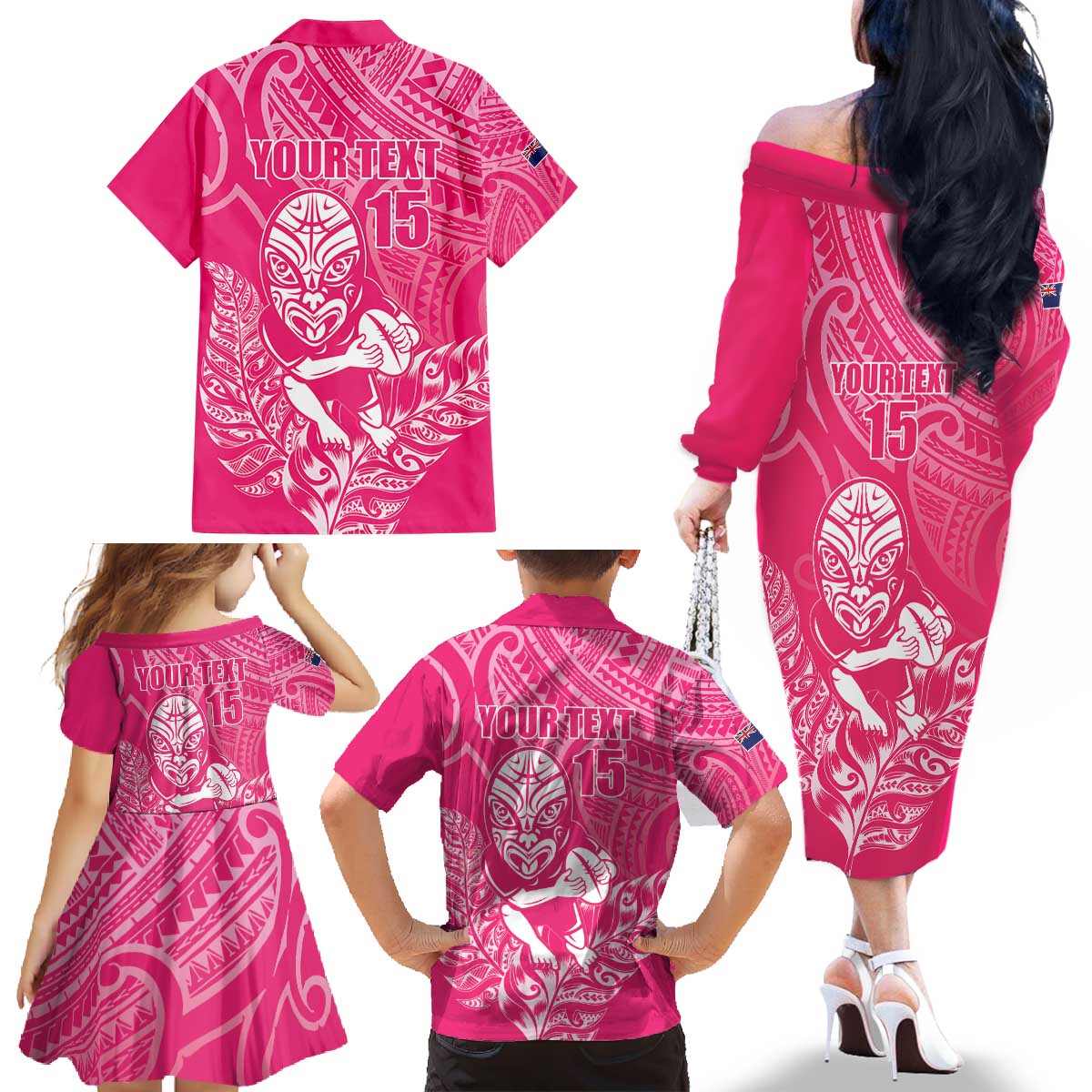 New Zealand Silver Fern Rugby Custom Family Matching Off The Shoulder Long Sleeve Dress and Hawaiian Shirt Maori Tiki Pink Version