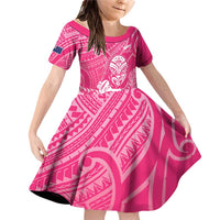 New Zealand Silver Fern Rugby Custom Family Matching Off Shoulder Short Dress and Hawaiian Shirt Maori Tiki Pink Version LT15 Daughter's Dress Pink - Polynesian Pride