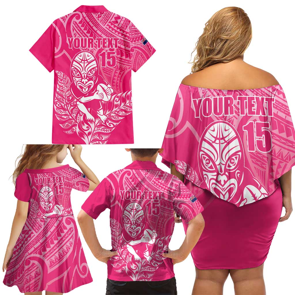 New Zealand Silver Fern Rugby Custom Family Matching Off Shoulder Short Dress and Hawaiian Shirt Maori Tiki Pink Version LT15 - Polynesian Pride