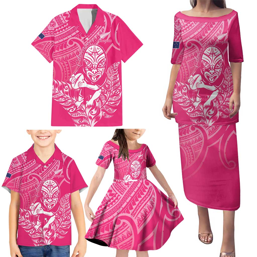 New Zealand Silver Fern Rugby Custom Family Matching Puletasi and Hawaiian Shirt Maori Tiki Pink Version LT15 - Polynesian Pride