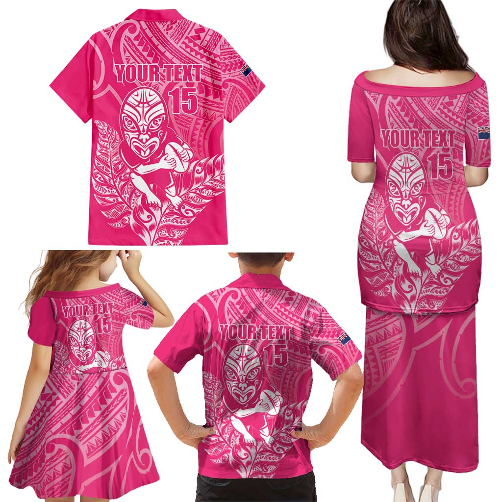 New Zealand Silver Fern Rugby Custom Family Matching Puletasi and Hawaiian Shirt Maori Tiki Pink Version LT15 - Polynesian Pride