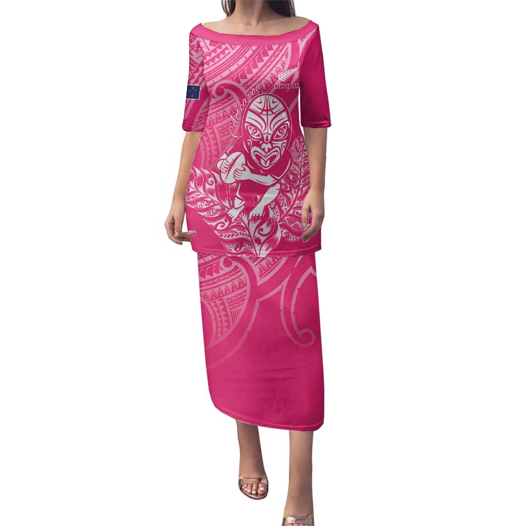 New Zealand Silver Fern Rugby Custom Family Matching Puletasi and Hawaiian Shirt Maori Tiki Pink Version LT15 Mom's Dress Pink - Polynesian Pride