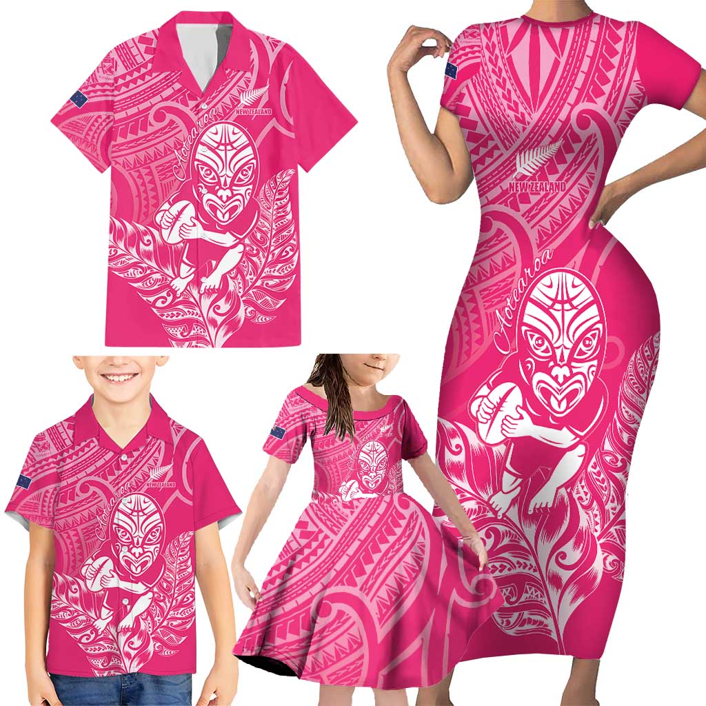 New Zealand Silver Fern Rugby Custom Family Matching Short Sleeve Bodycon Dress and Hawaiian Shirt Maori Tiki Pink Version LT15 - Polynesian Pride