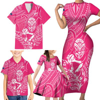 New Zealand Silver Fern Rugby Custom Family Matching Short Sleeve Bodycon Dress and Hawaiian Shirt Maori Tiki Pink Version LT15 - Polynesian Pride