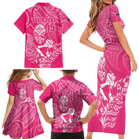 New Zealand Silver Fern Rugby Custom Family Matching Short Sleeve Bodycon Dress and Hawaiian Shirt Maori Tiki Pink Version LT15 - Polynesian Pride