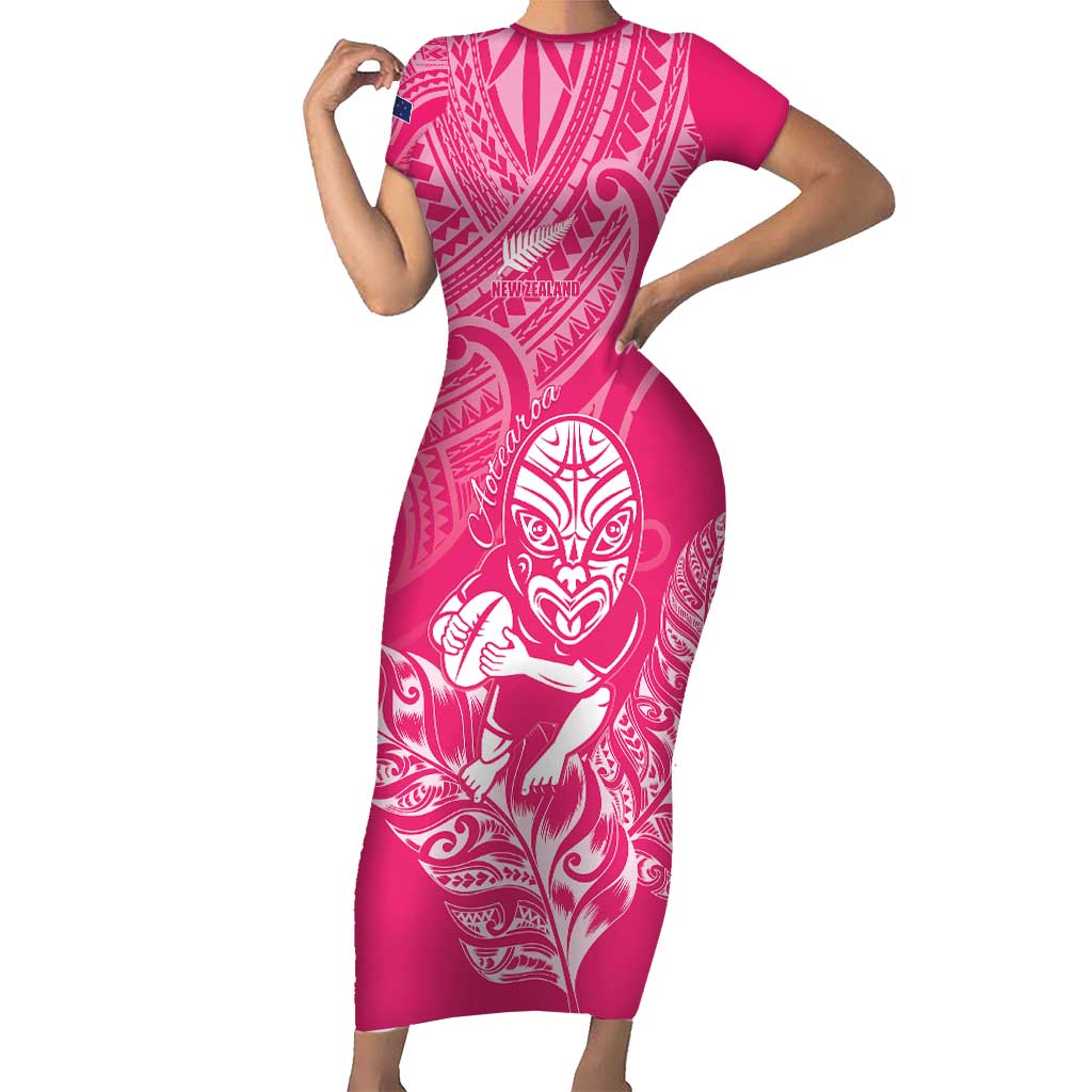 New Zealand Silver Fern Rugby Custom Family Matching Short Sleeve Bodycon Dress and Hawaiian Shirt Maori Tiki Pink Version LT15 Mom's Dress Pink - Polynesian Pride