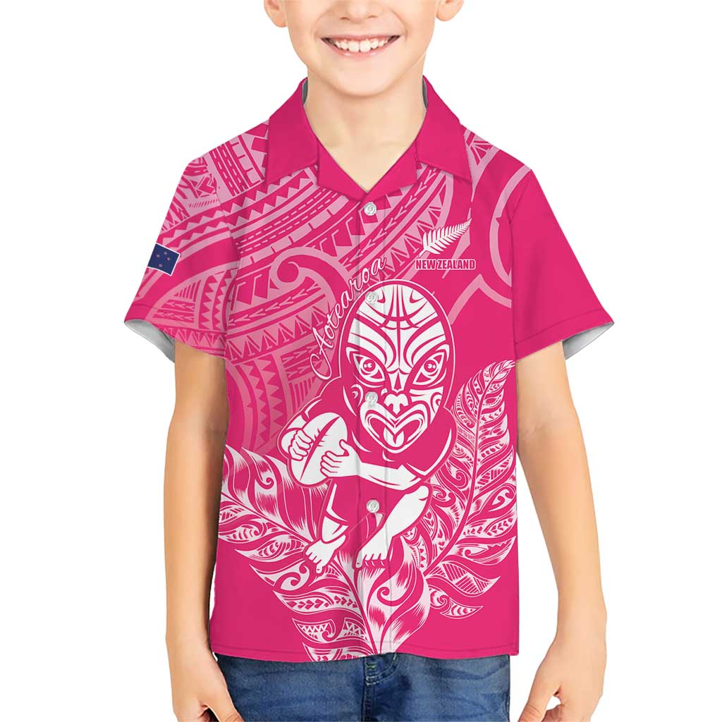 New Zealand Silver Fern Rugby Custom Family Matching Short Sleeve Bodycon Dress and Hawaiian Shirt Maori Tiki Pink Version LT15 Son's Shirt Pink - Polynesian Pride