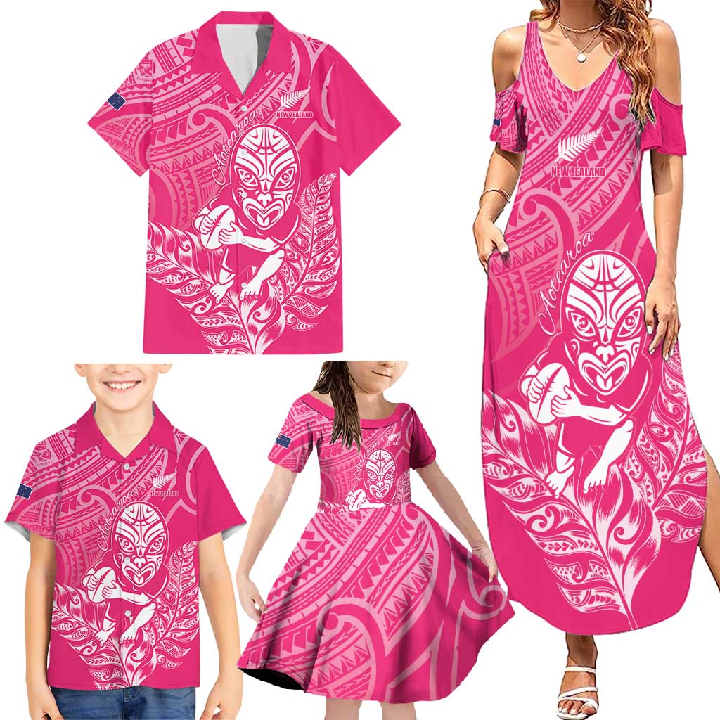 New Zealand Silver Fern Rugby Custom Family Matching Summer Maxi Dress and Hawaiian Shirt Maori Tiki Pink Version LT15 - Polynesian Pride