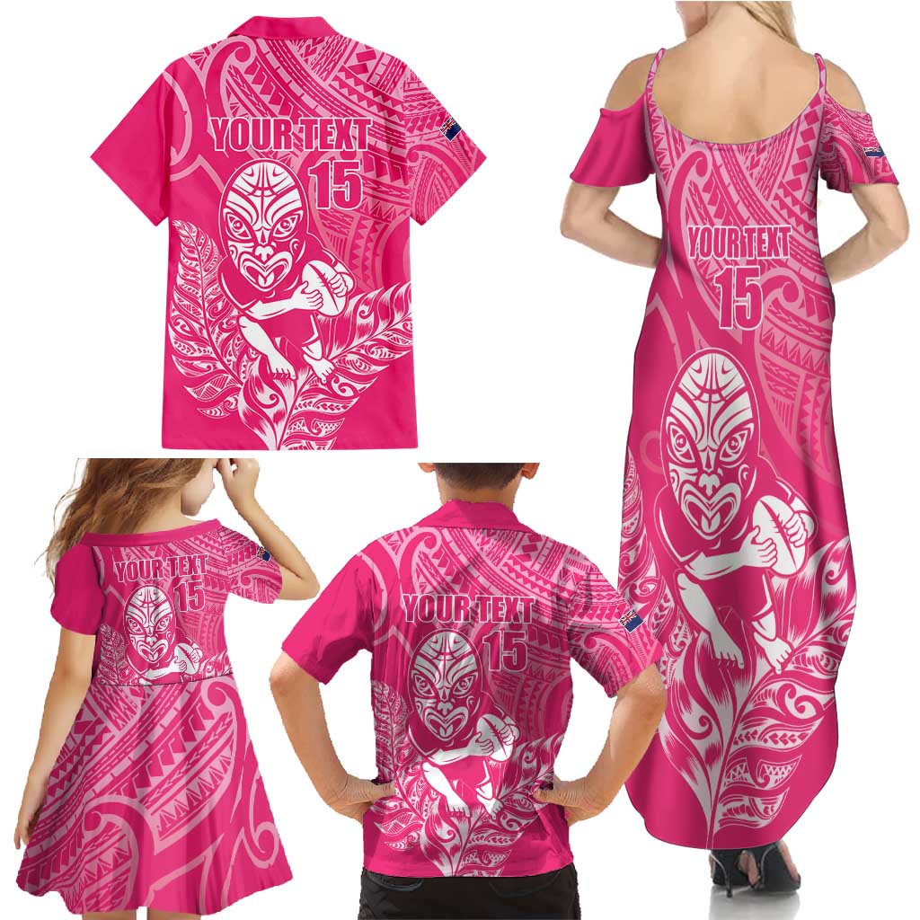 New Zealand Silver Fern Rugby Custom Family Matching Summer Maxi Dress and Hawaiian Shirt Maori Tiki Pink Version LT15 - Polynesian Pride