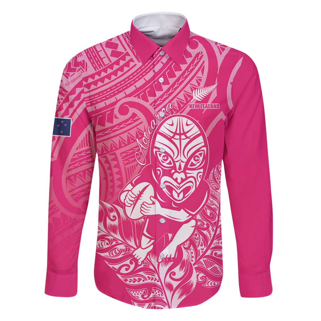New Zealand Silver Fern Rugby Custom Family Matching Summer Maxi Dress and Hawaiian Shirt Maori Tiki Pink Version LT15 Dad's Shirt - Long Sleeve Pink - Polynesian Pride