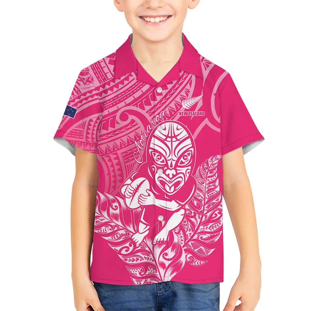 New Zealand Silver Fern Rugby Custom Family Matching Summer Maxi Dress and Hawaiian Shirt Maori Tiki Pink Version LT15 Son's Shirt Pink - Polynesian Pride
