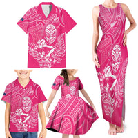 New Zealand Silver Fern Rugby Custom Family Matching Tank Maxi Dress and Hawaiian Shirt Maori Tiki Pink Version LT15 - Polynesian Pride