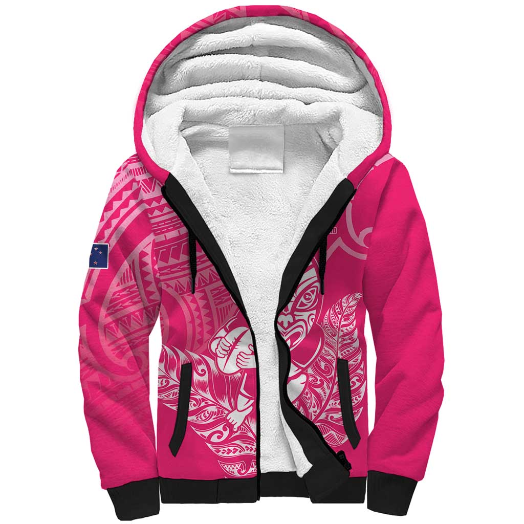 New Zealand Silver Fern Rugby Custom Sherpa Hoodie Maori Tiki Pink Version