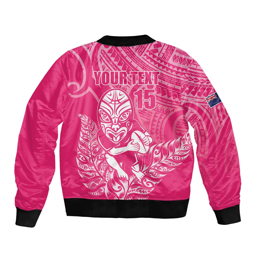 New Zealand Silver Fern Rugby Custom Sleeve Zip Bomber Jacket Maori Tiki Pink Version