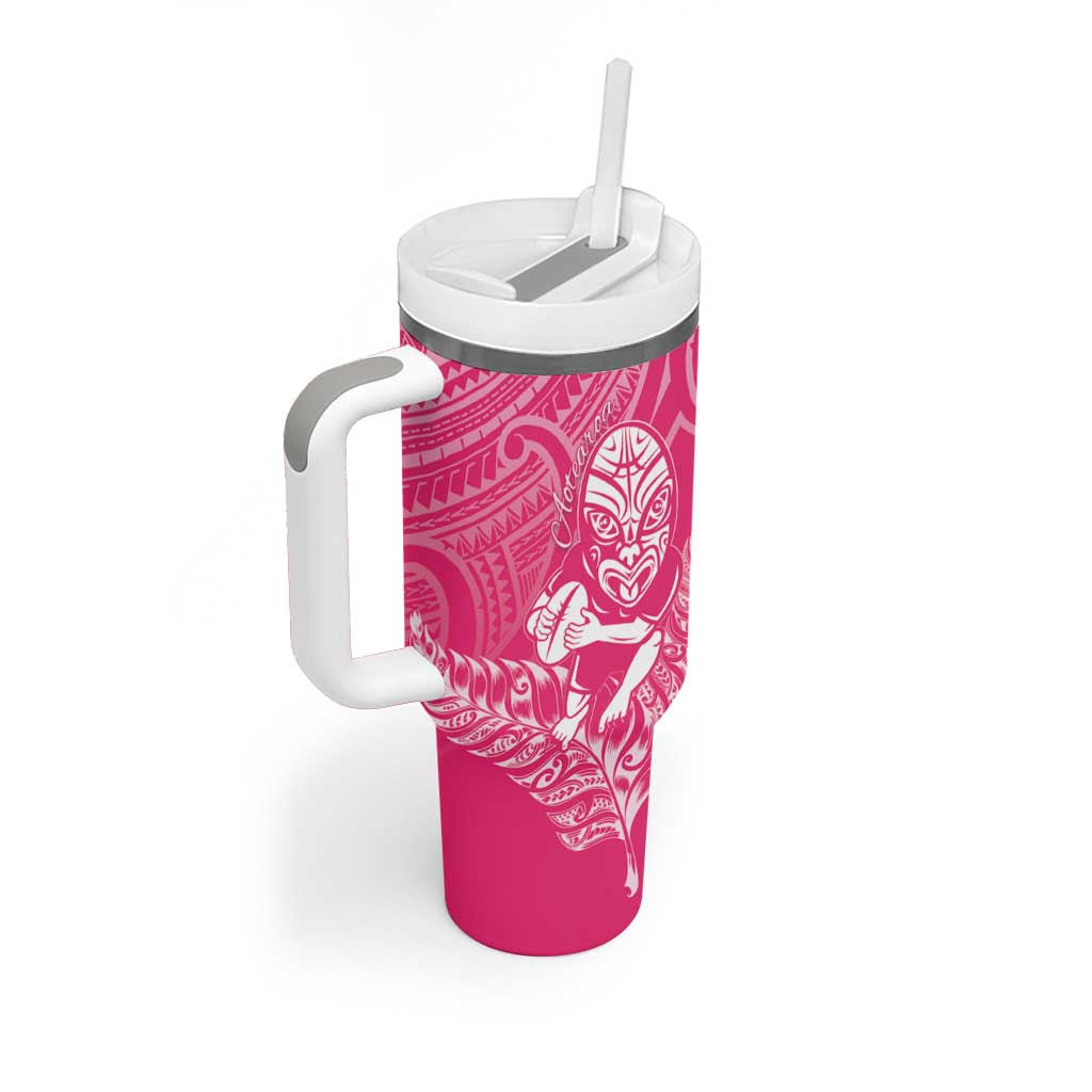 New Zealand Silver Fern Rugby Custom Tumbler With Handle Maori Tiki Pink Version