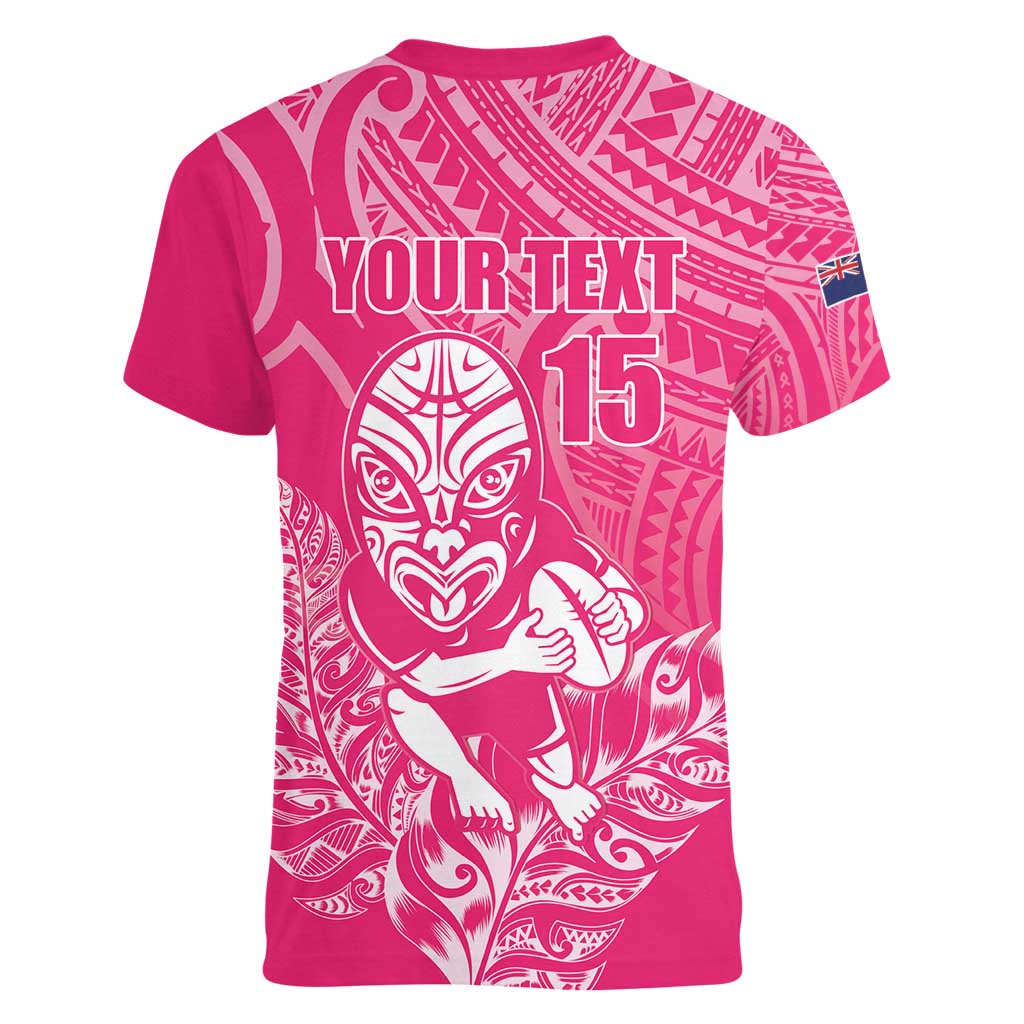 New Zealand Silver Fern Rugby Custom Women V-Neck T-Shirt Maori Tiki Pink Version LT15 - Polynesian Pride