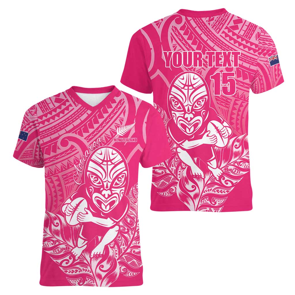 New Zealand Silver Fern Rugby Custom Women V-Neck T-Shirt Maori Tiki Pink Version LT15 - Polynesian Pride