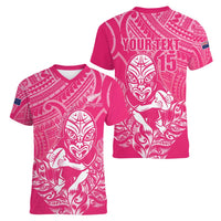 New Zealand Silver Fern Rugby Custom Women V-Neck T-Shirt Maori Tiki Pink Version LT15 - Polynesian Pride