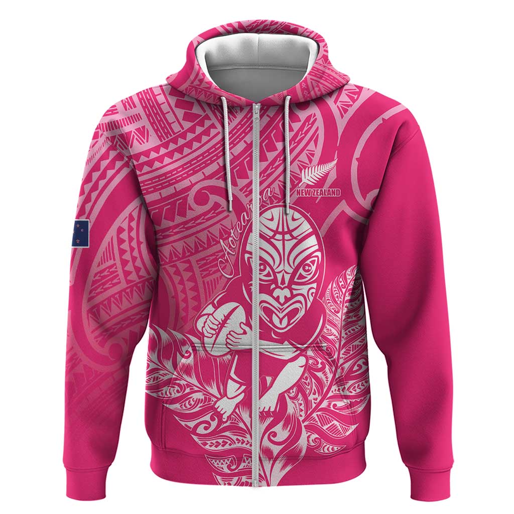 New Zealand Silver Fern Rugby Custom Zip Hoodie Maori Tiki Pink Version LT15 Zip Hoodie Pink - Polynesian Pride