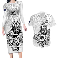 New Zealand Silver Fern Rugby Custom Couples Matching Long Sleeve Bodycon Dress and Hawaiian Shirt Maori Tiki White Version LT15 White - Polynesian Pride