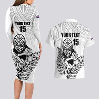 New Zealand Silver Fern Rugby Custom Couples Matching Long Sleeve Bodycon Dress and Hawaiian Shirt Maori Tiki White Version LT15 - Polynesian Pride