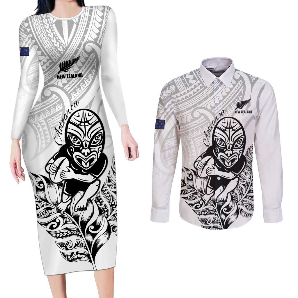 New Zealand Silver Fern Rugby Custom Couples Matching Long Sleeve Bodycon Dress and Long Sleeve Button Shirt Maori Tiki White Version LT15 White - Polynesian Pride