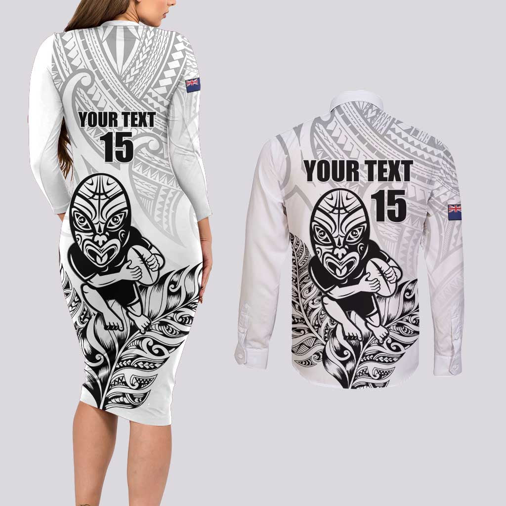 New Zealand Silver Fern Rugby Custom Couples Matching Long Sleeve Bodycon Dress and Long Sleeve Button Shirt Maori Tiki White Version LT15 - Polynesian Pride