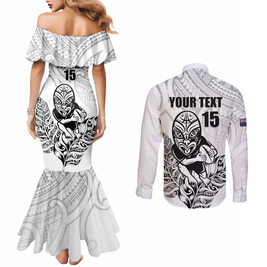 New Zealand Silver Fern Rugby Custom Couples Matching Mermaid Dress and Long Sleeve Button Shirt Maori Tiki White Version LT15 - Polynesian Pride