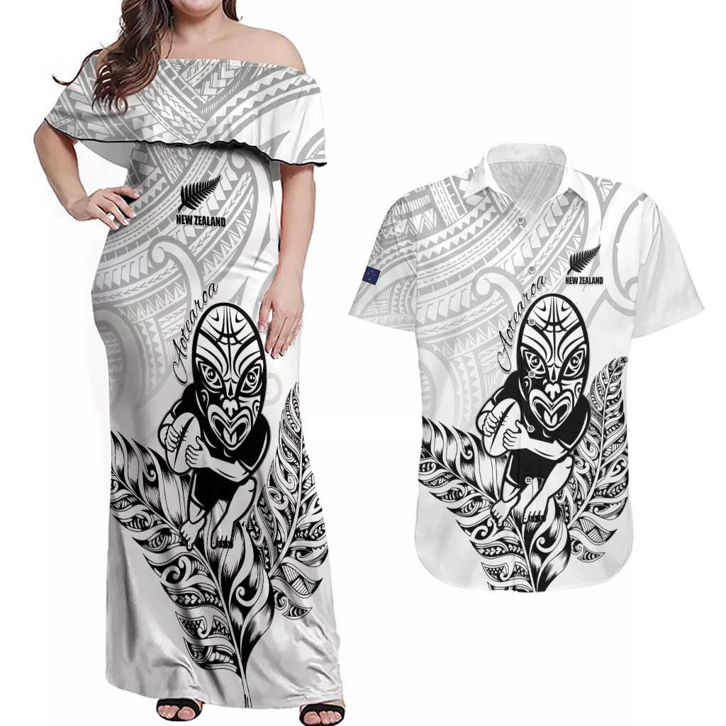 New Zealand Silver Fern Rugby Custom Couples Matching Off Shoulder Maxi Dress and Hawaiian Shirt Maori Tiki White Version LT15 White - Polynesian Pride