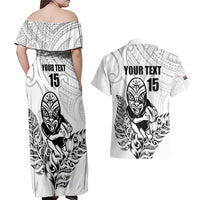 New Zealand Silver Fern Rugby Custom Couples Matching Off Shoulder Maxi Dress and Hawaiian Shirt Maori Tiki White Version LT15 - Polynesian Pride