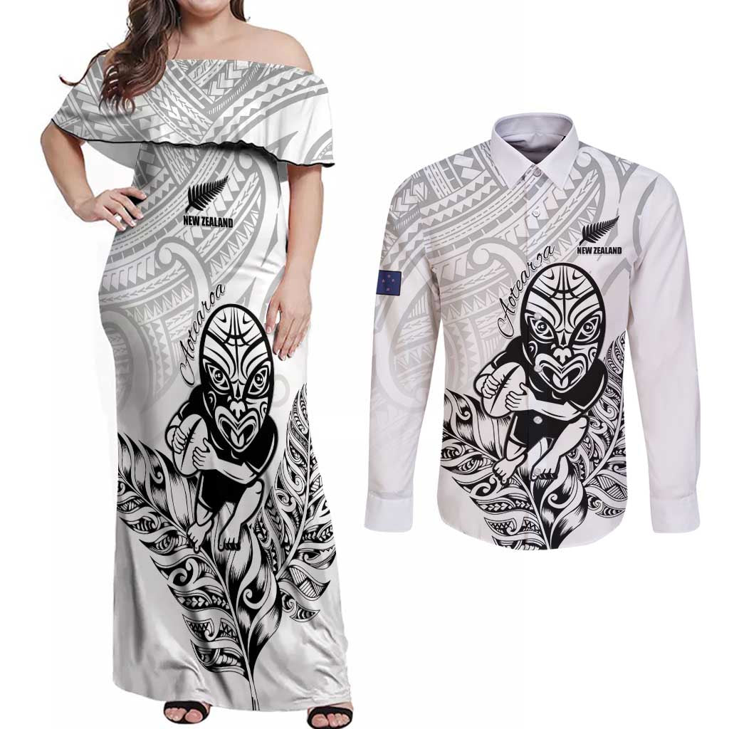 New Zealand Silver Fern Rugby Custom Couples Matching Off Shoulder Maxi Dress and Long Sleeve Button Shirt Maori Tiki White Version LT15 White - Polynesian Pride