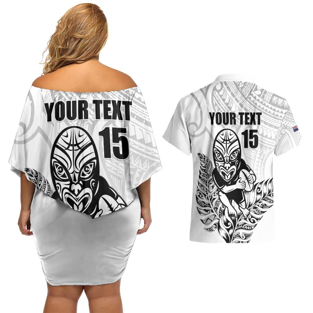 New Zealand Silver Fern Rugby Custom Couples Matching Off Shoulder Short Dress and Hawaiian Shirt Maori Tiki White Version LT15 - Polynesian Pride