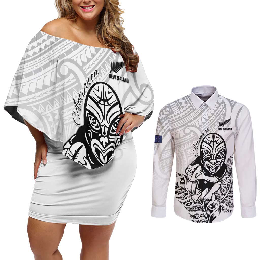 New Zealand Silver Fern Rugby Custom Couples Matching Off Shoulder Short Dress and Long Sleeve Button Shirt Maori Tiki White Version LT15 White - Polynesian Pride