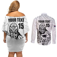 New Zealand Silver Fern Rugby Custom Couples Matching Off Shoulder Short Dress and Long Sleeve Button Shirt Maori Tiki White Version LT15 - Polynesian Pride