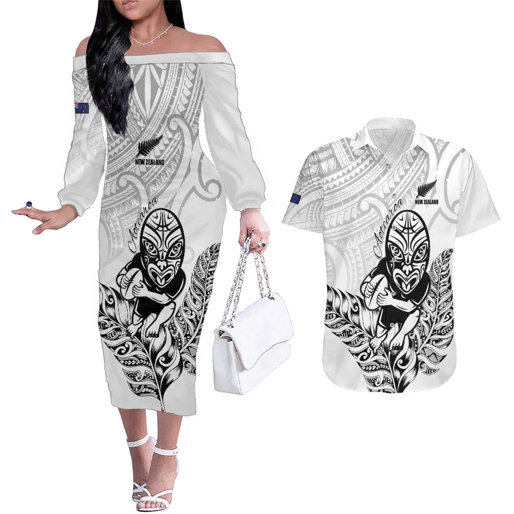 New Zealand Silver Fern Rugby Custom Couples Matching Off The Shoulder Long Sleeve Dress and Hawaiian Shirt Maori Tiki White Version LT15 White - Polynesian Pride