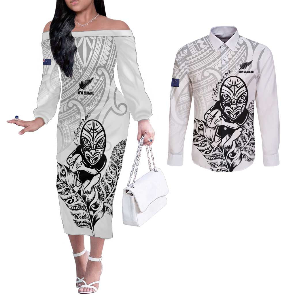 New Zealand Silver Fern Rugby Custom Couples Matching Off The Shoulder Long Sleeve Dress and Long Sleeve Button Shirt Maori Tiki White Version LT15 White - Polynesian Pride