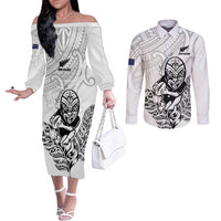 New Zealand Silver Fern Rugby Custom Couples Matching Off The Shoulder Long Sleeve Dress and Long Sleeve Button Shirt Maori Tiki White Version LT15 White - Polynesian Pride