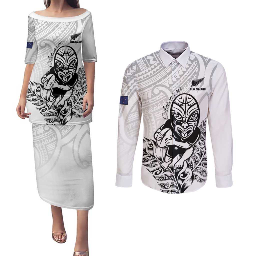 New Zealand Silver Fern Rugby Custom Couples Matching Puletasi and Long Sleeve Button Shirt Maori Tiki White Version LT15 White - Polynesian Pride