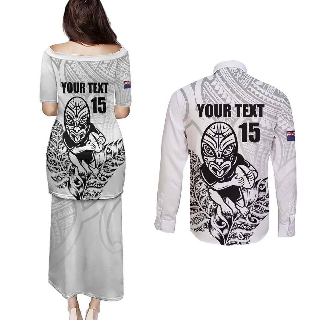 New Zealand Silver Fern Rugby Custom Couples Matching Puletasi and Long Sleeve Button Shirt Maori Tiki White Version LT15 - Polynesian Pride