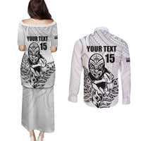 New Zealand Silver Fern Rugby Custom Couples Matching Puletasi and Long Sleeve Button Shirt Maori Tiki White Version LT15 - Polynesian Pride