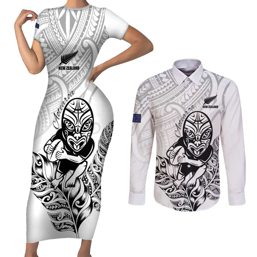 New Zealand Silver Fern Rugby Custom Couples Matching Short Sleeve Bodycon Dress and Long Sleeve Button Shirt Maori Tiki White Version LT15 White - Polynesian Pride
